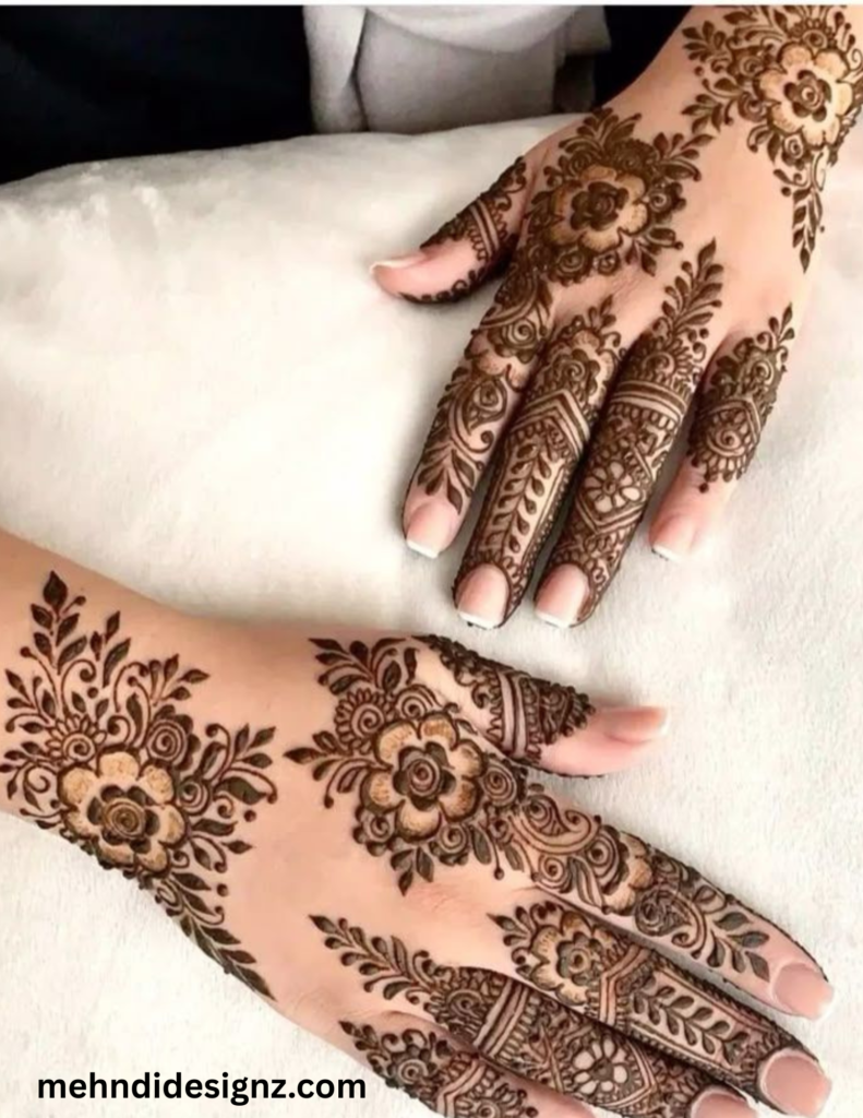 khaleeji henna design 2026 gulf style open floral front hand