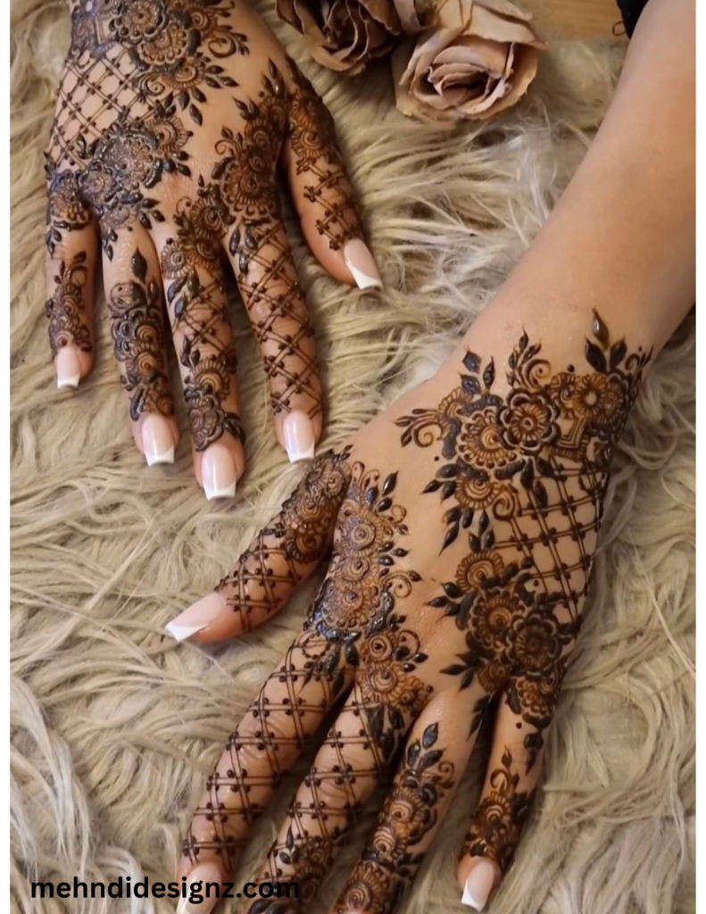 khaleeji mehndi design UAE back hand large flower pattern 2026